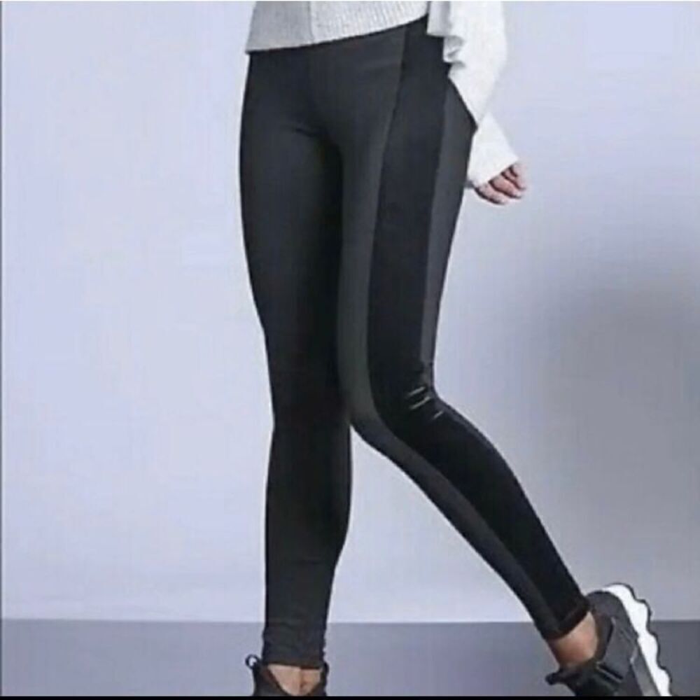 Athleta Metro Velvet Tux Leggings Mid Waisted Black Stripe Gym Fitness Yoga XS